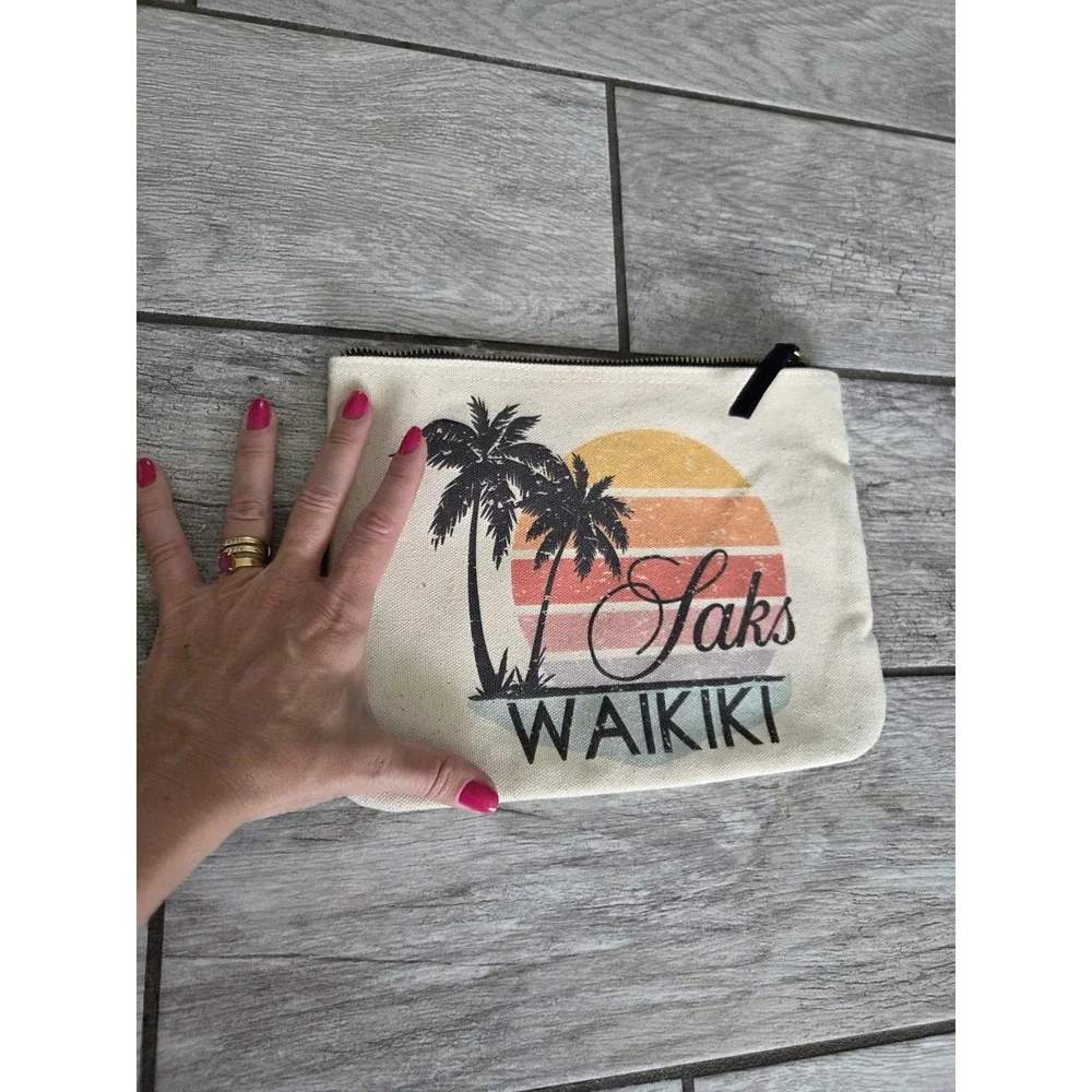 Saks Fifth Avenue‎ Waikiki canvas cosmetic pouch Travel Palm Sunset Hawaii NEW